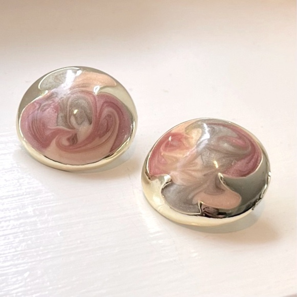 Stunning Vintage Don Lin Earrings Pink Cream Taupe Swirl Gold 1-1/8” x 1”